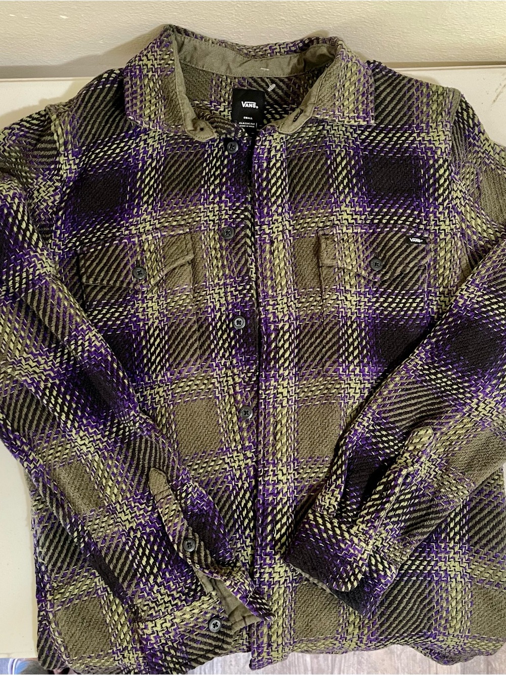Vans long sleeved olive and purple tweed flannel button down size Small